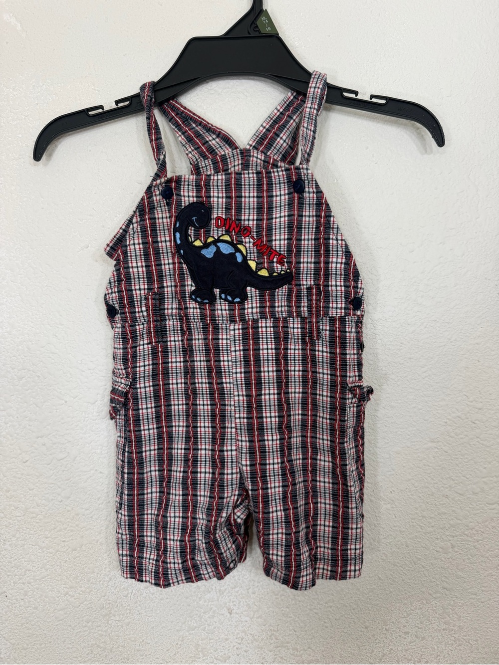 Vintage E. Baby Plaid Overalls Shortalls 18 Months Dinosaur Dino-Mite Cargo